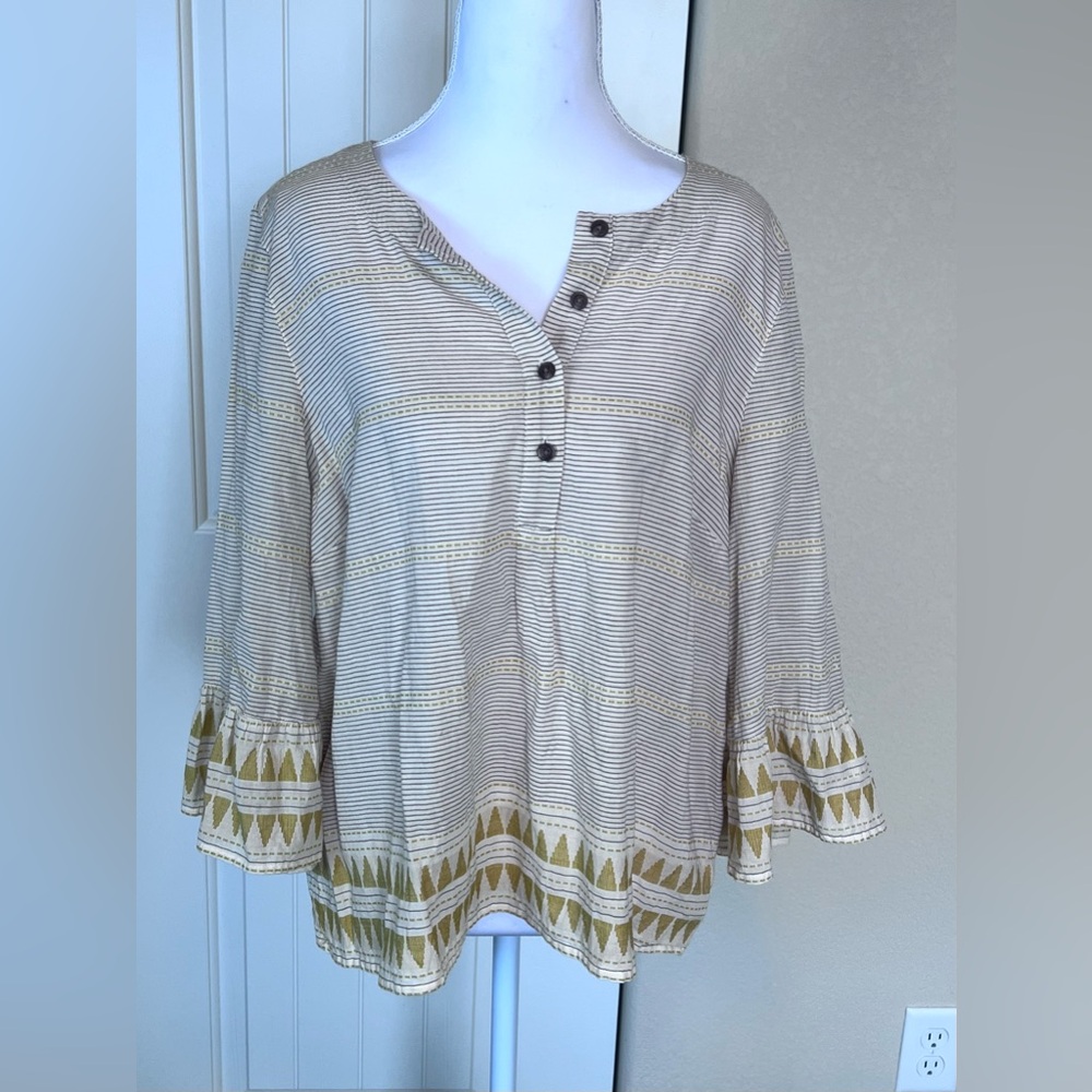 J Jill Flutter Sleeve Cotton Button Top Yellow Gold Designs & Stripes Sz Medium
